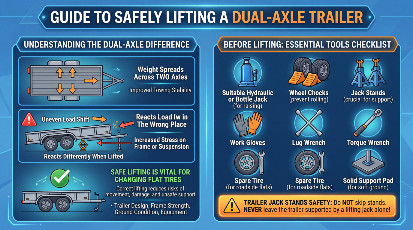 Guide to safely lifting a dual-axle trailer with essential tools, wheel chocks, jack stands, and safety checklist